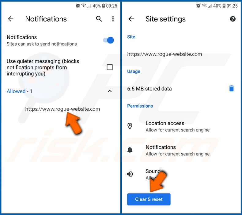 Desactivación de las notificaciones del navegador Chrome en el sistema operativo Android (paso 3)
