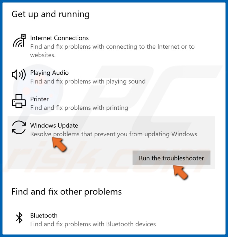 Seleccione Windows Update y ejecute el solucionador de problemas