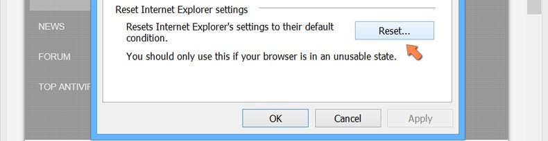 Cómo restablecer la configuración predeterminada de Internet Explorer en Windows 8 - hacer clic en el botón de restablecer en la pestaña de opciones avanzadas