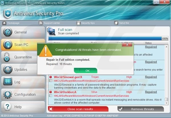 Antivirus Security Pro después de introducir la clave de activación