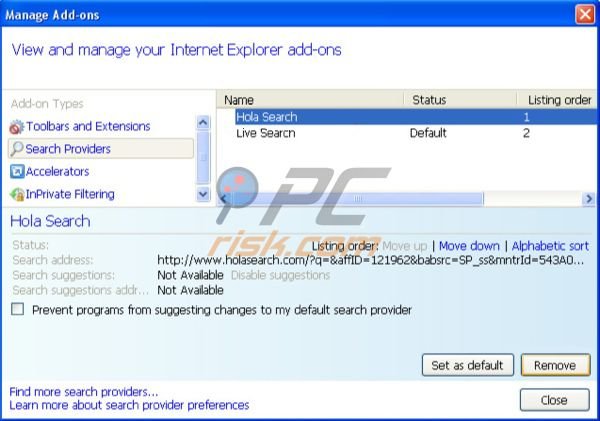 Elimine Hola Search Toolbar (secuestrador de navegadores holasearch.com) de Internet Explorer