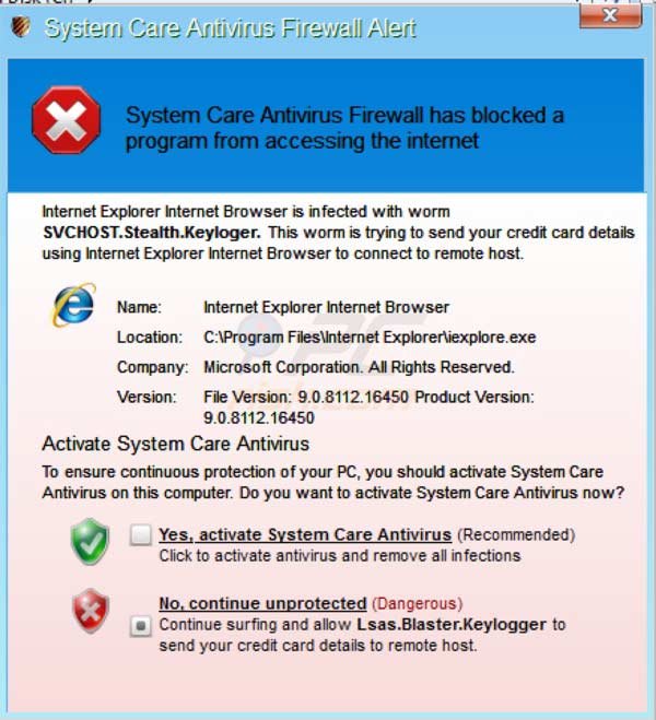 Advertencia falsa del cortafuegos de System Care Antivirus