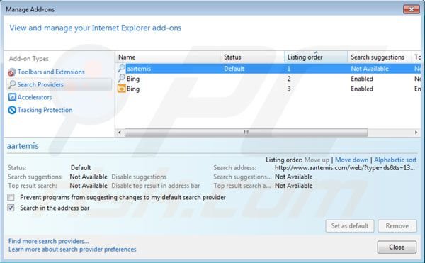 Eliminar Aartemis de la configuración del motor de búsqueda por defecto de Internet Explorer