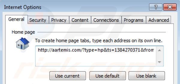 Eliminando aartemis de la página de inicio de Internet Explorer
