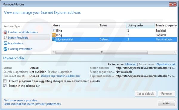 Eliminar mysearchdial.com de la configuración del motor de búsqueda por defecto de Internet Explorer