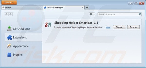 Eliminando shopping helper smartbar de las extensiones de Mozilla Firefox