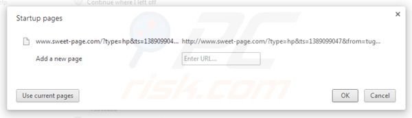 Eliminando sweet-page.com de la página de inicio de Google Chrome