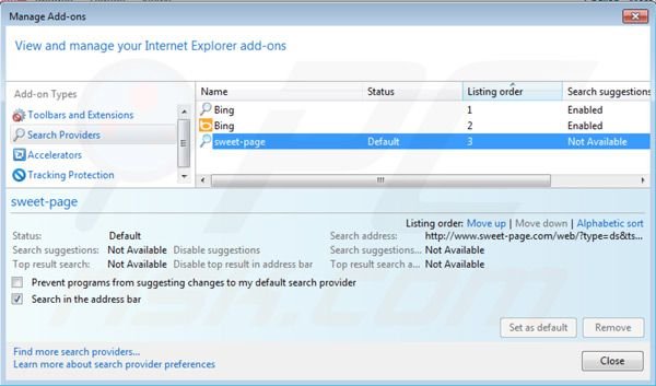 Eliminar sweet-page.com del motor de búsqueda por defecto de Internet Explorer