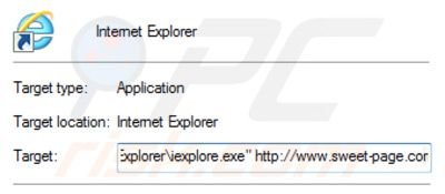 Eliminar sweet-page.com del destino del acceso directo de Internet Explorer paso 2