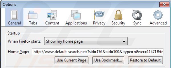 Eliminando default-search.net de la página de inicio de Mozilla Firefox