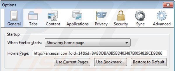 Eliminando eazel.com de la página de inicio de Mozilla Firefox