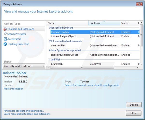Eliminando iminent toolbar de las extensiones de Internet Explorer