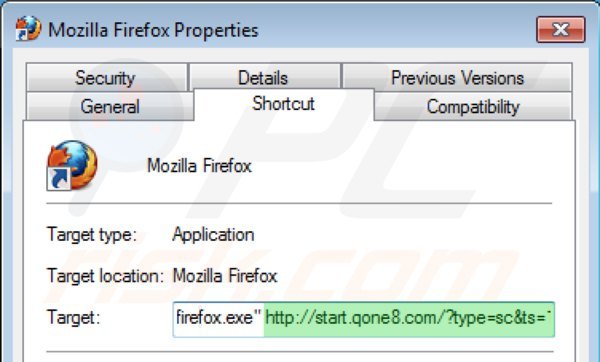 Eliminar start.qone8.com del destino del acceso directo de Mozilla Firefox paso 2