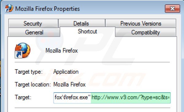 Eliminar v9.com del destino del acceso directo de Mozilla Firefox paso 2