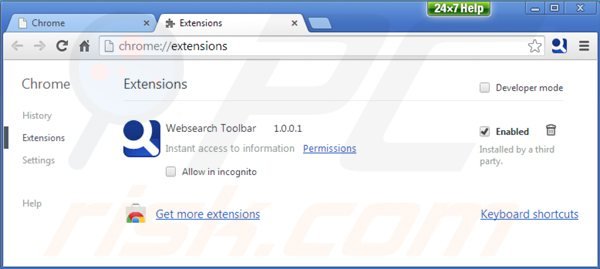 Eliminando la barra websearch de las extensiones de Google Chrome