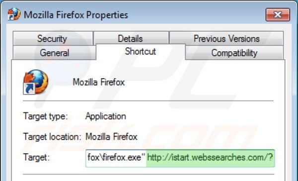 Eliminar istart.webssearches.com del destino del acceso directo de Mozilla Firefox paso 2