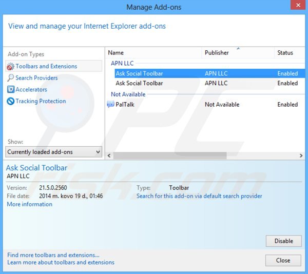 Eliminando ask social toolbar de las extensiones de Internet Explorer