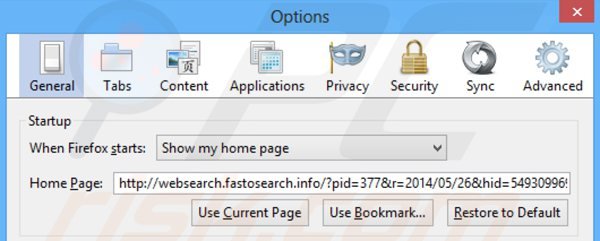 Eliminando websearch.fastosearch.info de la página de inicio de Mozilla Firefox