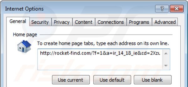 Eliminando rocket-find.com de la página de inicio de Internet Explorer