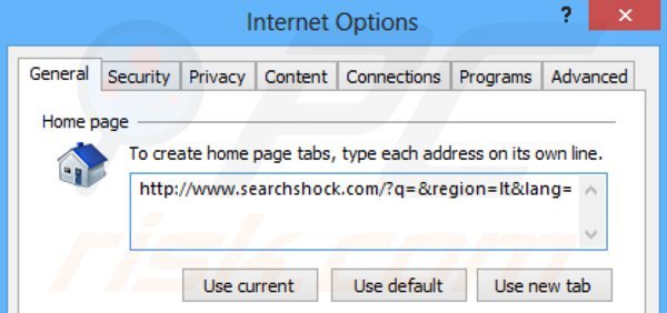 Eliminando searchshock.com de la página de inicio de Internet Explorer