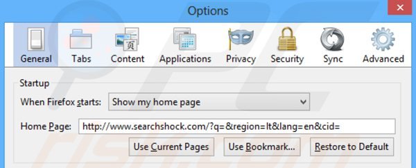 Eliminando searchshock.com de la página de inicio de Mozilla Firefox