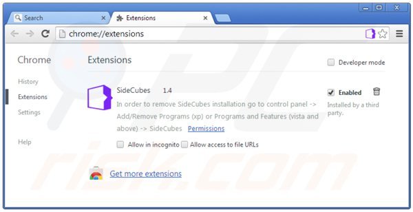 Eliminando las extensiones relacionadas con search.sidecubes.com de Google Chrome