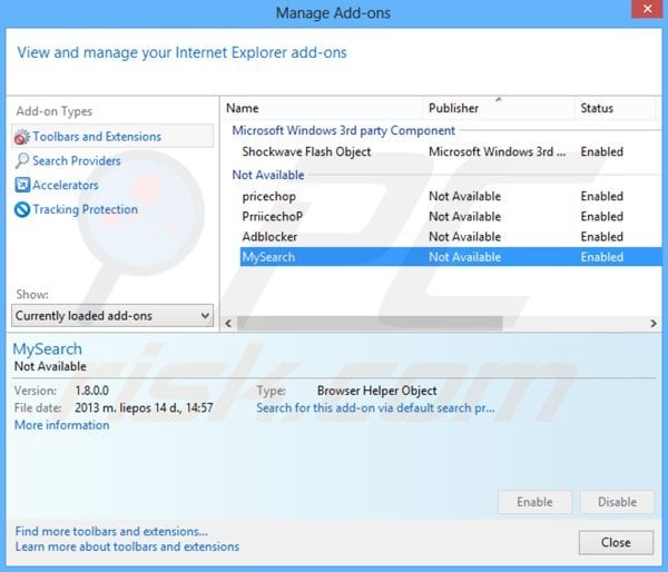 Eliminando las extensiones relacionadas con websearch.flyandsearch.info en Internet Explorer