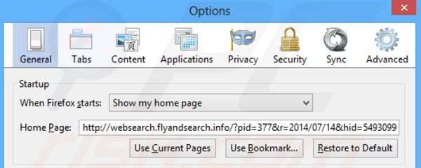 Eliminando websearch.flyandsearch.info de la página de inicio de Mozilla Firefox
