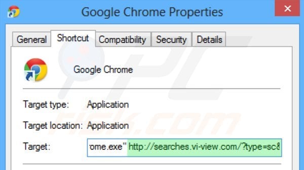 Eliminar searches.vi-view.com del destino del acceso directo de Google Chrome paso 2