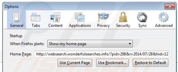 Eliminando websearch.wonderfulsearches.info de la página de inicio de Mozilla Firefox