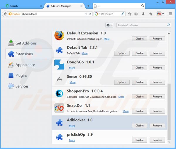 Eliminando websearch.fixsearch.info de las extensiones de Mozilla Firefox
