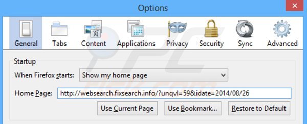 Eliminando websearch.fixsearch.info de la página de inicio de Mozilla Firefox