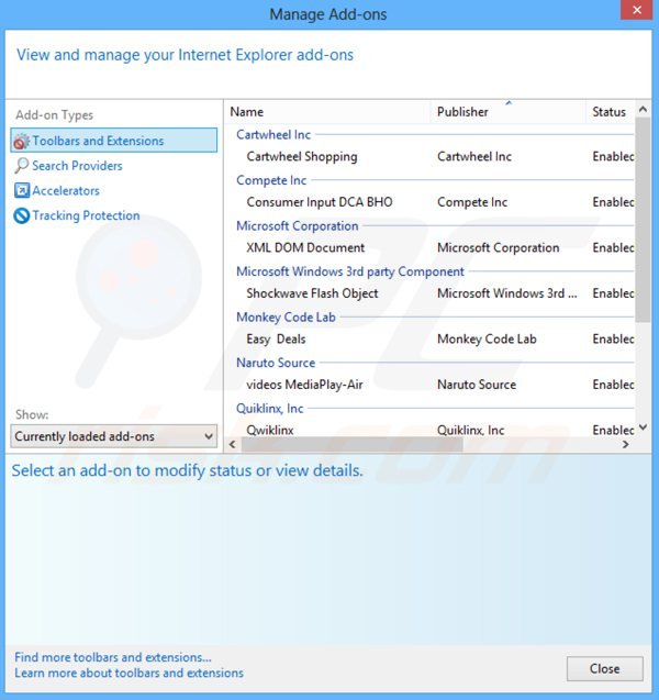 Eliminando los anuncios de picrec de Internet Explorer paso 2