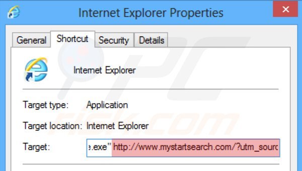 Eliminar mystartsearch.com del destino del acceso directo de Internet Explorer paso 2