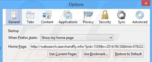 Eliminando websearch.searchandfly.info de la página de inicio de Mozilla Firefox