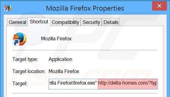 Eliminar delta-homes.com del destino del acceso directo de Mozilla Firefox paso 2