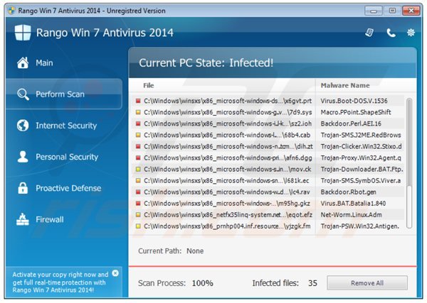 El falso antivirus rango win7 antivirus 2014  realizando un falso análisis de seguridad en el equipo