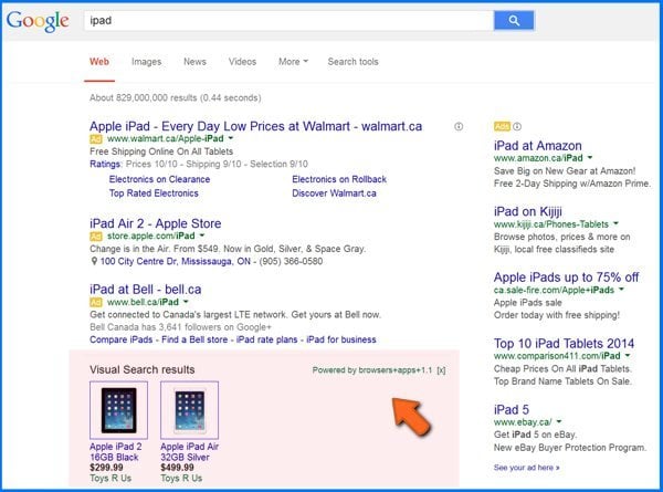 ejemplo de software publicitario generando anuncios maliciosos en resultados de búsqueda de google