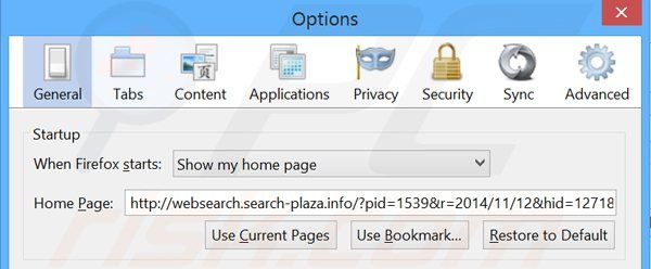 Eliminando websearch.search-plaza.info de la página de inicio de Mozilla Firefox