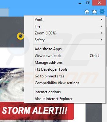 Eliminando los anuncios de Storm Alert de Internet Explorer paso 1