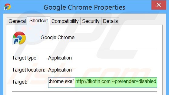 Eliminar tikotin.com del destino del acceso directo de Google Chrome paso 2