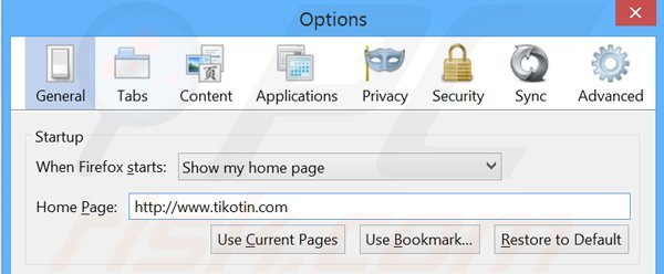 Eliminando tikotin.com de la página de inicio de Mozilla Firefox