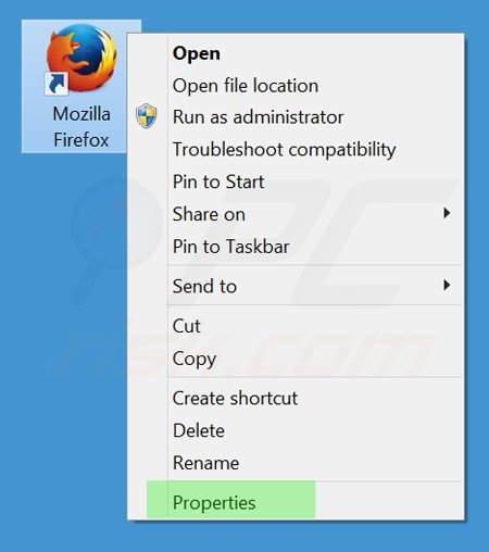 Eliminar tikotin.com del destino del acceso directo de Mozilla Firefox paso 1