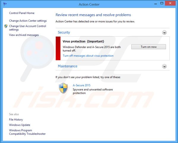 A-Secure 2015 mostrando un falso Centro de acción de Windows