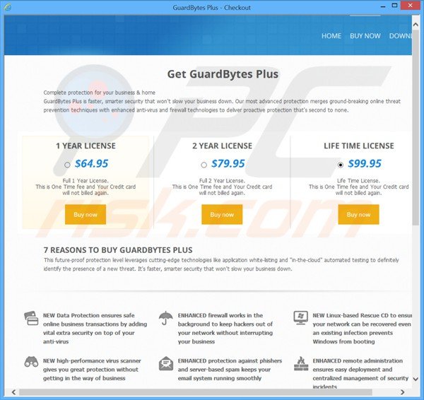 Sitio web fraudulento destinado a vender las licencias del falso antivirus selling guardbytes