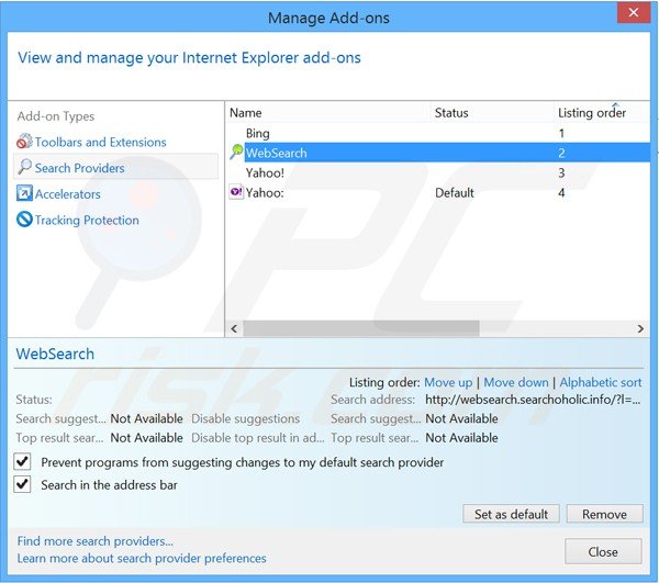 Eliminar searchoholic de la configuración del motor de búsqueda por defecto de Internet Explorer