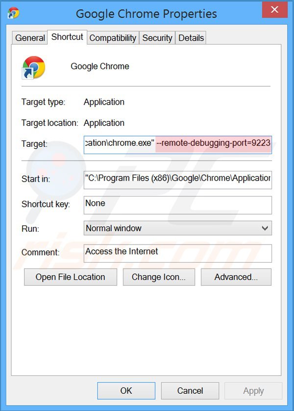 Eliminar las entrradas de showpass smartbar del destino del acceso directo de Google Chrome paso 2