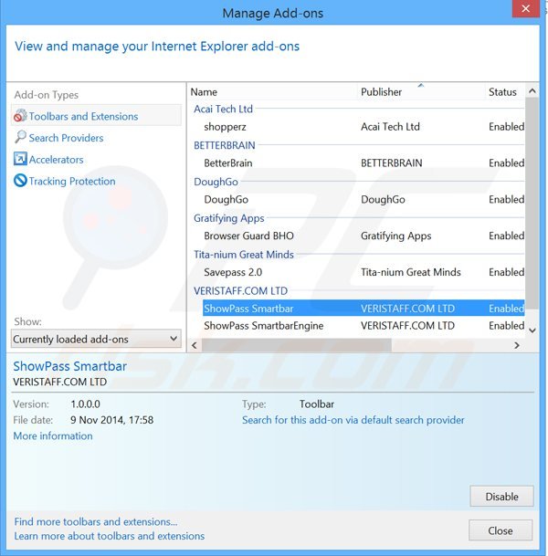  Eliminando las extensiones relacionadas con showpass smartbar en Internet Explorer