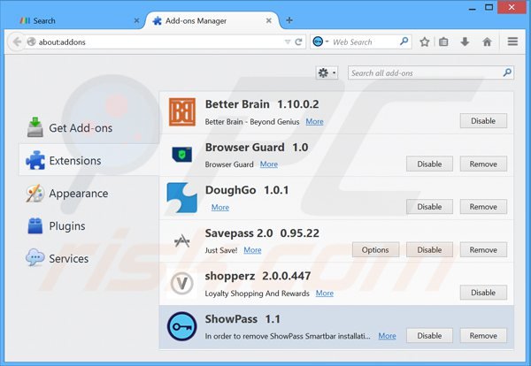 Eliminando las extensiones relacionadas con showpass smartbar en Mozilla Firefox