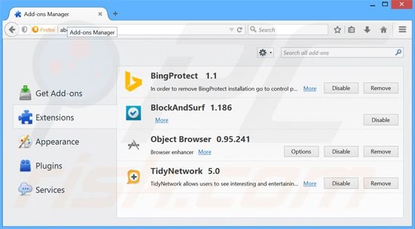 Eliminando BingProtect de las extensiones de Mozilla Firefox